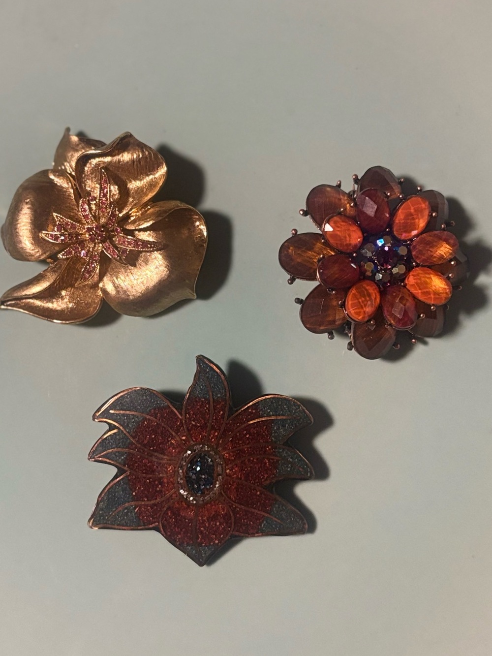 Floral Brooch Pins - Brushed Gold, Amber Rhinestone, Enamel - $18 Each